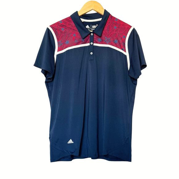 ADIDAS USA Golf Polo Shirt Navy Red White Lace Stars Flag AF2701 Womens XL EUC - Picture 1 of 8